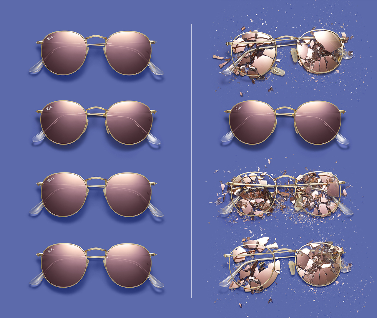 RAYBAN ONE SUNGLASSES. COUNTERFEIT. BEFORE AND AFTER WITH FAKES SMASHED DAVID FILIBERTI