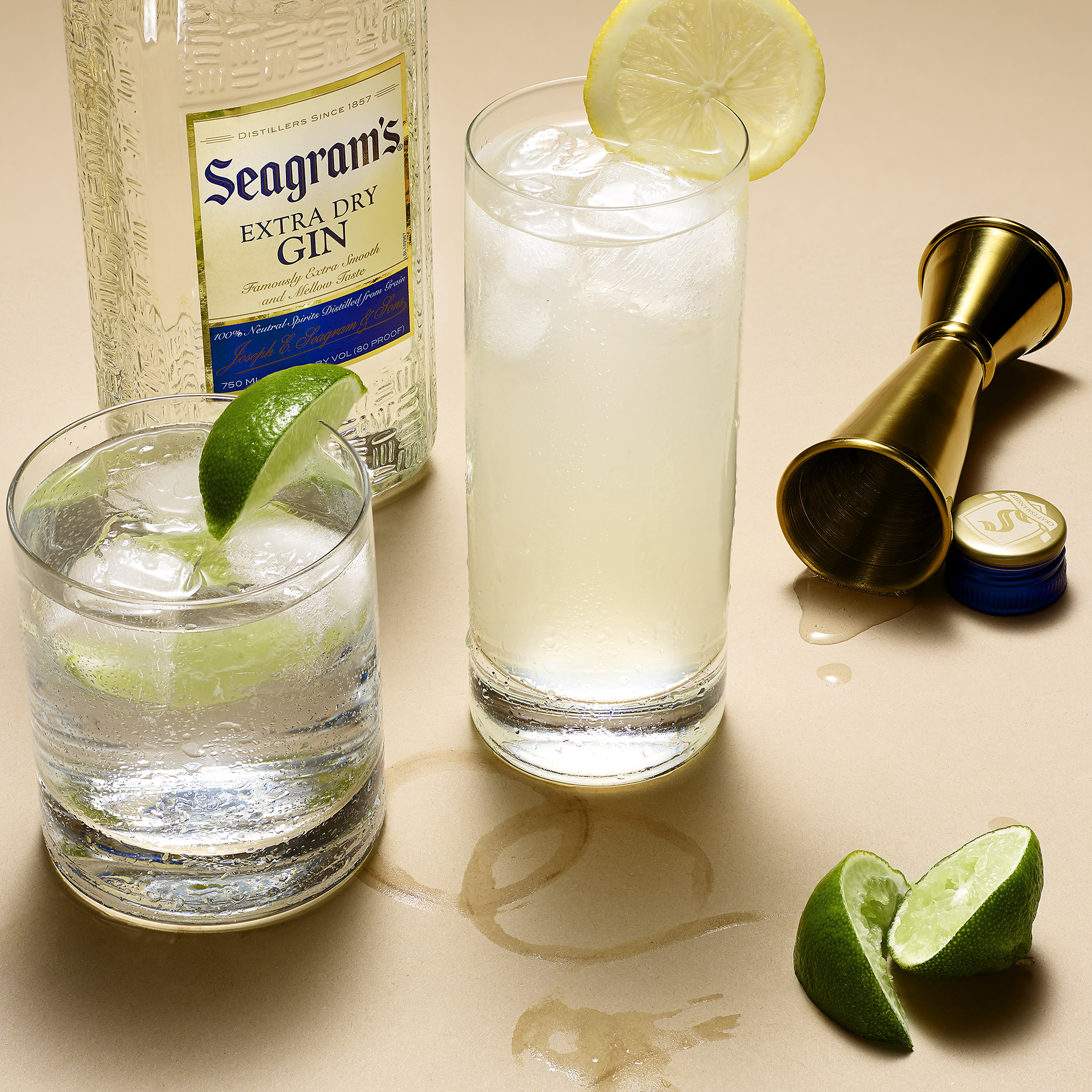 STILL LIFE PARTY SCENE OF SEAGRAMS GIN TONIC AND LIMES SHOT BY DAVID FILIBERTI